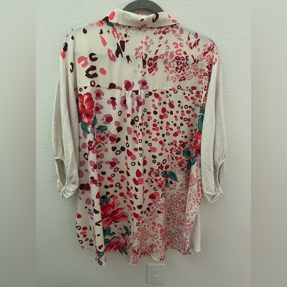 Umgee USA 2XL Linen Blend Boho Mixed Print Tunic Top Floral & Animal Print - Picture 4 of 4
